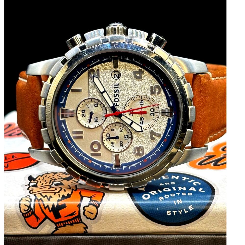 Fossil Dean FS5069 Men’s Chronograph Silver Dial Brown Leather Watch 45mm - Picture 9 of 17
